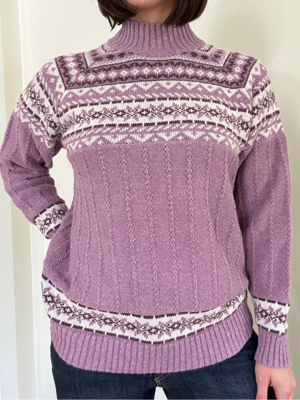 Vintage Cozy Lilac Fair Isle Mock Neck Sweater Medium